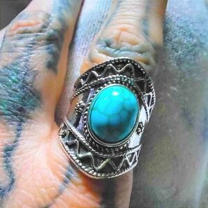 New 7 Silver Turquoise Armor Metal Vintage Native American Cocktail Long Ring